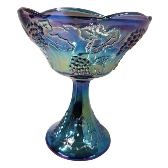 Vintage Indiana Iridescent Carnival Glass Grape Leaf Blue Compote Bowl Embossed - Picture 2 of 6